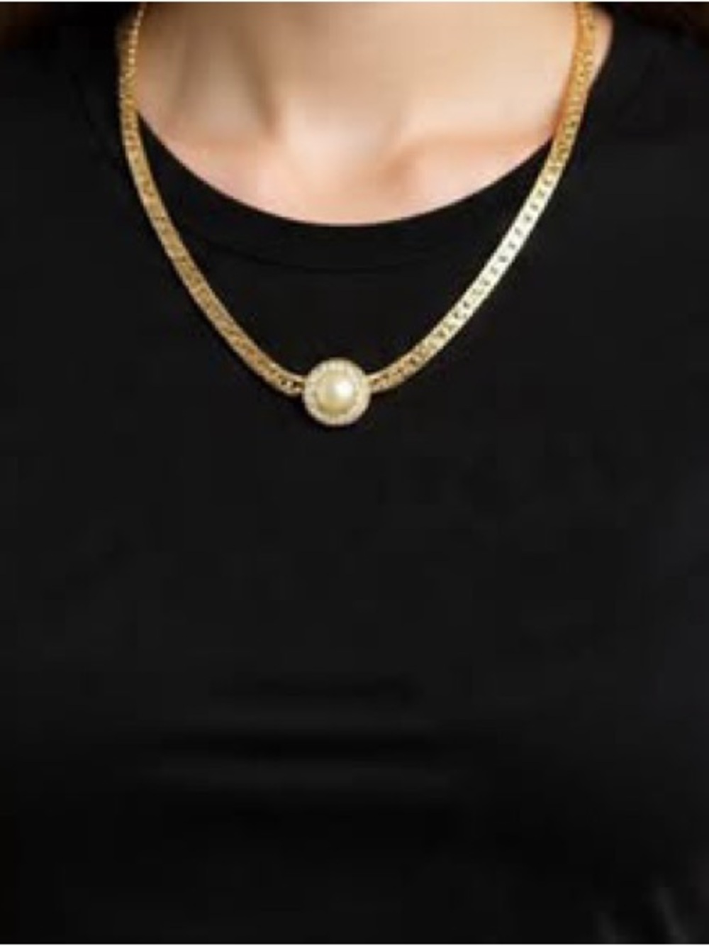 Vintage Gold Tone Herringbone Necklace with Pearl & Crystal Pendant